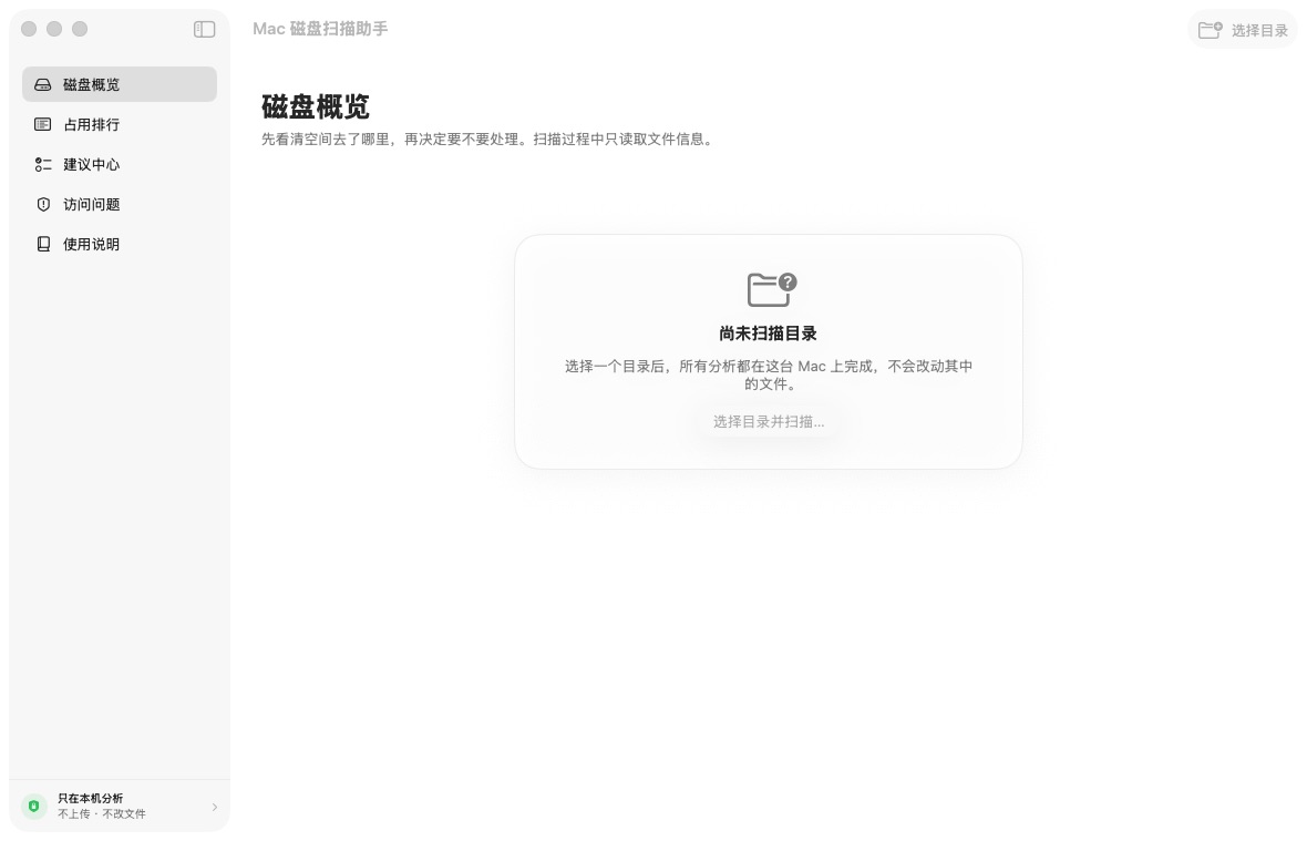 Mac 磁盘扫描助手的磁盘概览界面,左侧显示概览、占用排行、建议中心、访问问题和使用说明